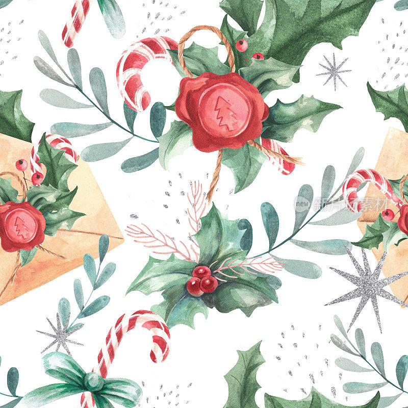 Сhristmas compositions from branches, leaves, berries, and postal envelope and lollipops. Silver splashes. Watercolor on a white background. Seamless Pattern